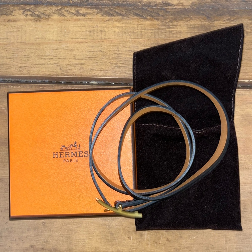 🧡HERMES Behapi Double Tour black leather belt bracelt with gold hardware - Picture 11 of 12